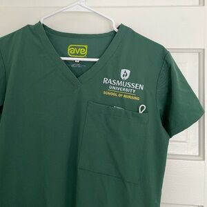 RASMUSSEN UNIVERSITY EMBROIDERED Hunter Green AVE three-pocket scrub top size XS